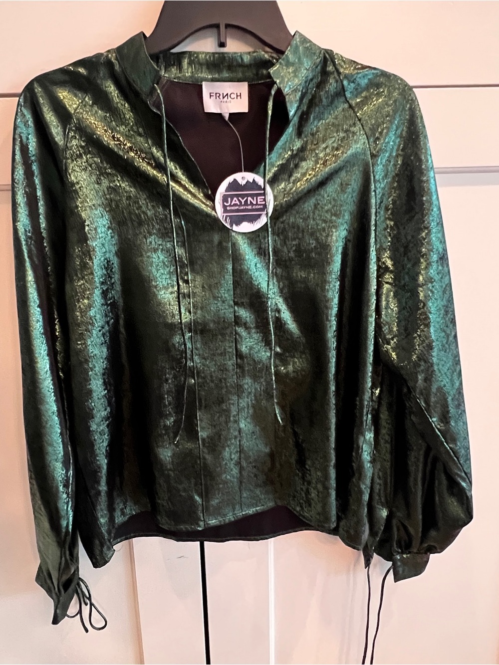 FRNCH Emerald Green Satin Tie-Neck Blouse-xs